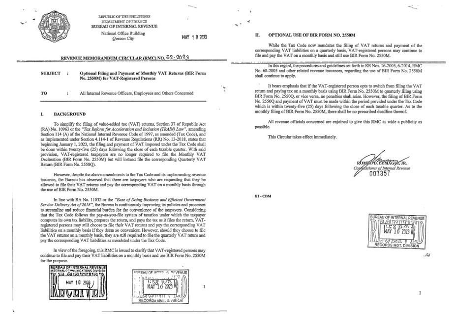 Optional Filing and Payment of Monthly VAT Returns for VAT Registered Persons